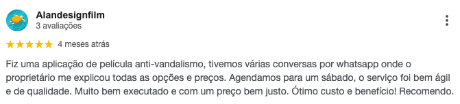 Avaliação de Alandesignfilm: 5 estrelas, aplicação de película antivandalismo com ótimo custo-benefício