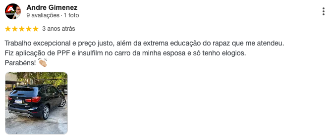 Avaliação de Andre Gimenez: 5 estrelas, trabalho excepcional, aplicação de PPF e insulfilm